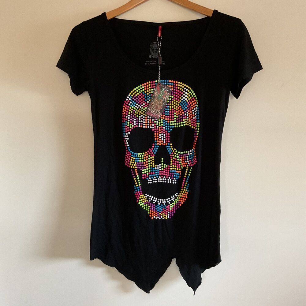 Ay Guey Women Top Sz L Black Rainbow Studded Sugar Skull Asymmetric Hem Boho